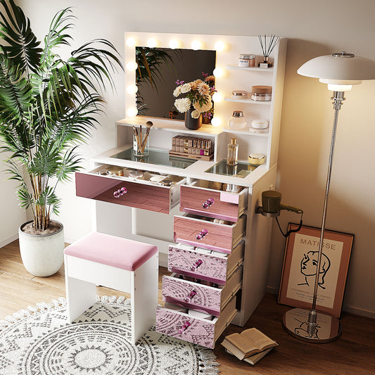 Pink Lighted Makeup Vanity Desk with Stool