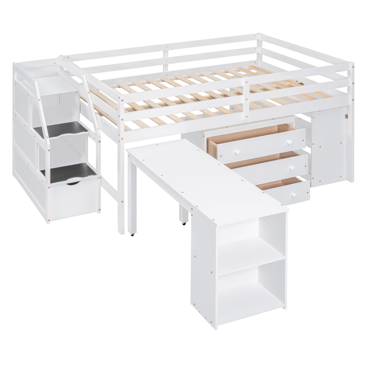 White Timber Loft Bed with Storage Desk
