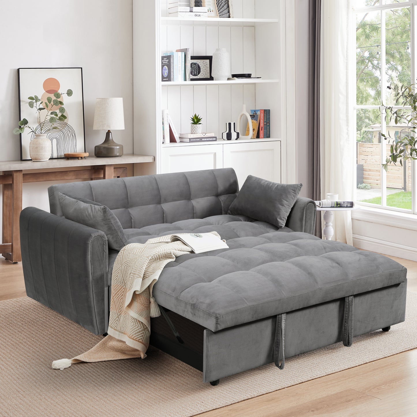 Grey Convertible Sofa Bed with Pull-Out Sleeper