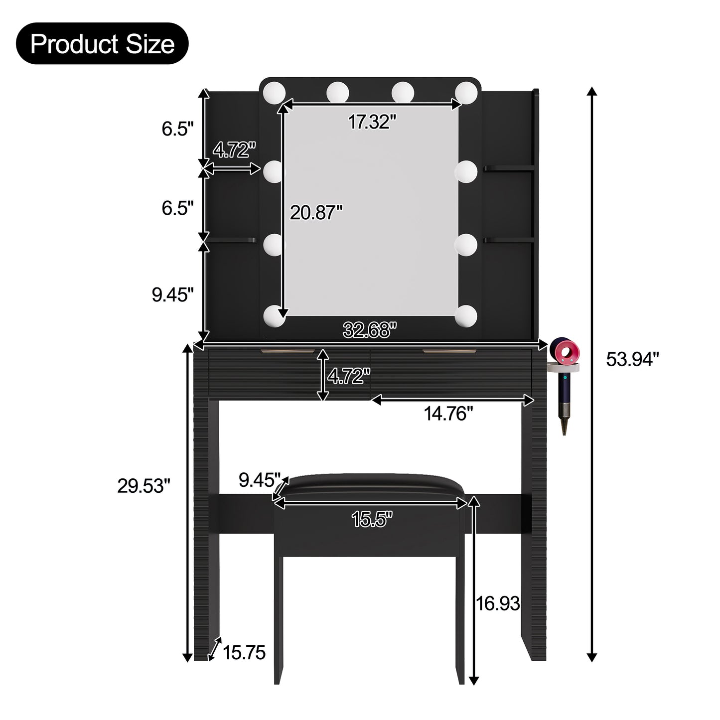 Hollywood Lighted Makeup Vanity Set with Stool