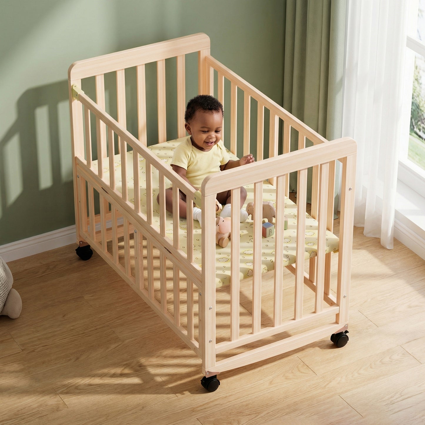 Wooden Baby Cot with Wheels