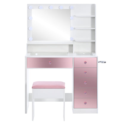 Pink Lighted Makeup Vanity Desk with Stool