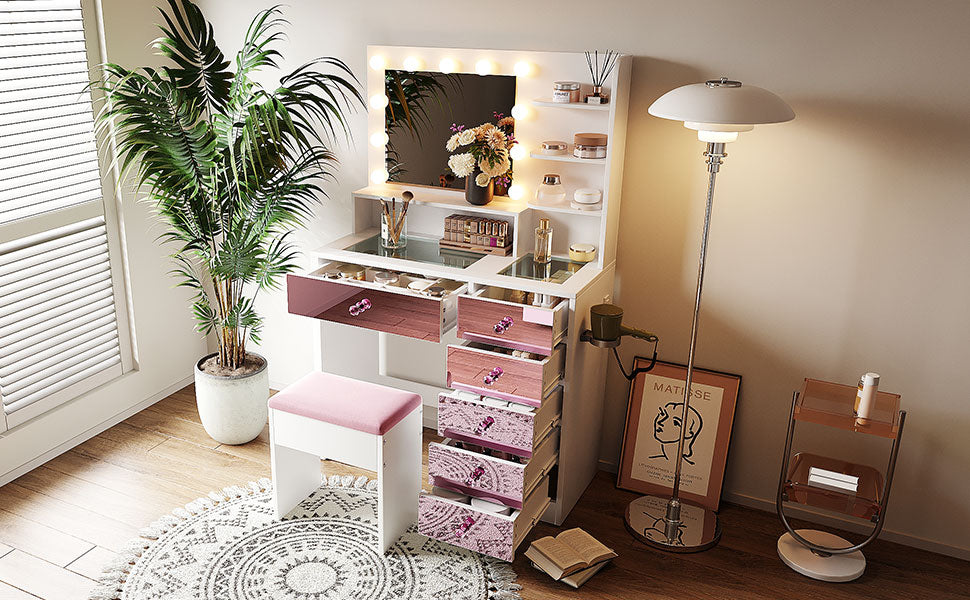 Pink Lighted Makeup Vanity Desk with Stool