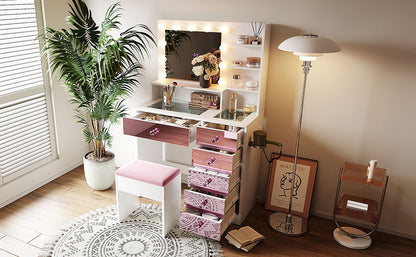 Pink Lighted Makeup Vanity Desk with Stool