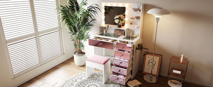 Pink Lighted Makeup Vanity Desk with Stool