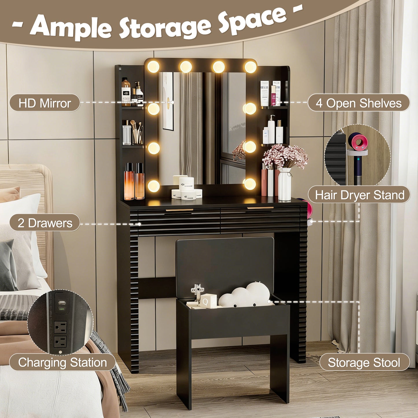 Hollywood Lighted Makeup Vanity Set with Stool