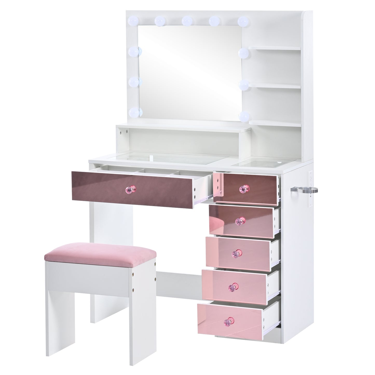 Pink Lighted Makeup Vanity Desk with Stool