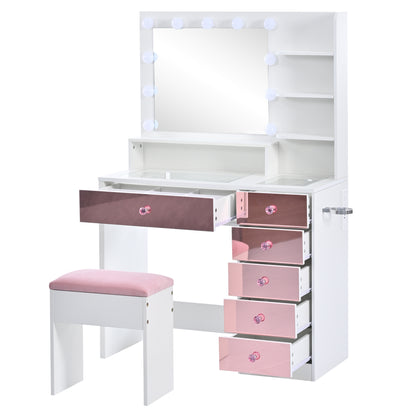 Pink Lighted Makeup Vanity Desk with Stool