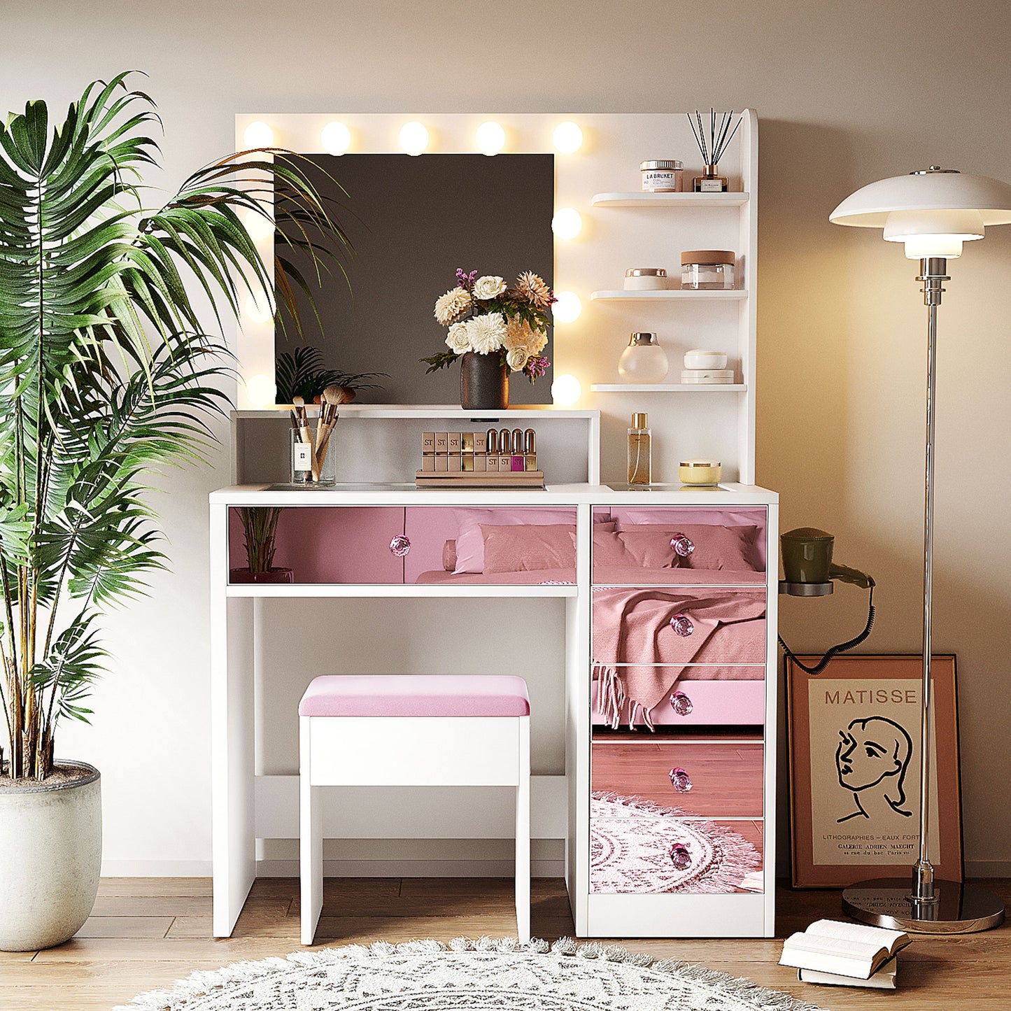 Pink Lighted Makeup Vanity Desk with Stool