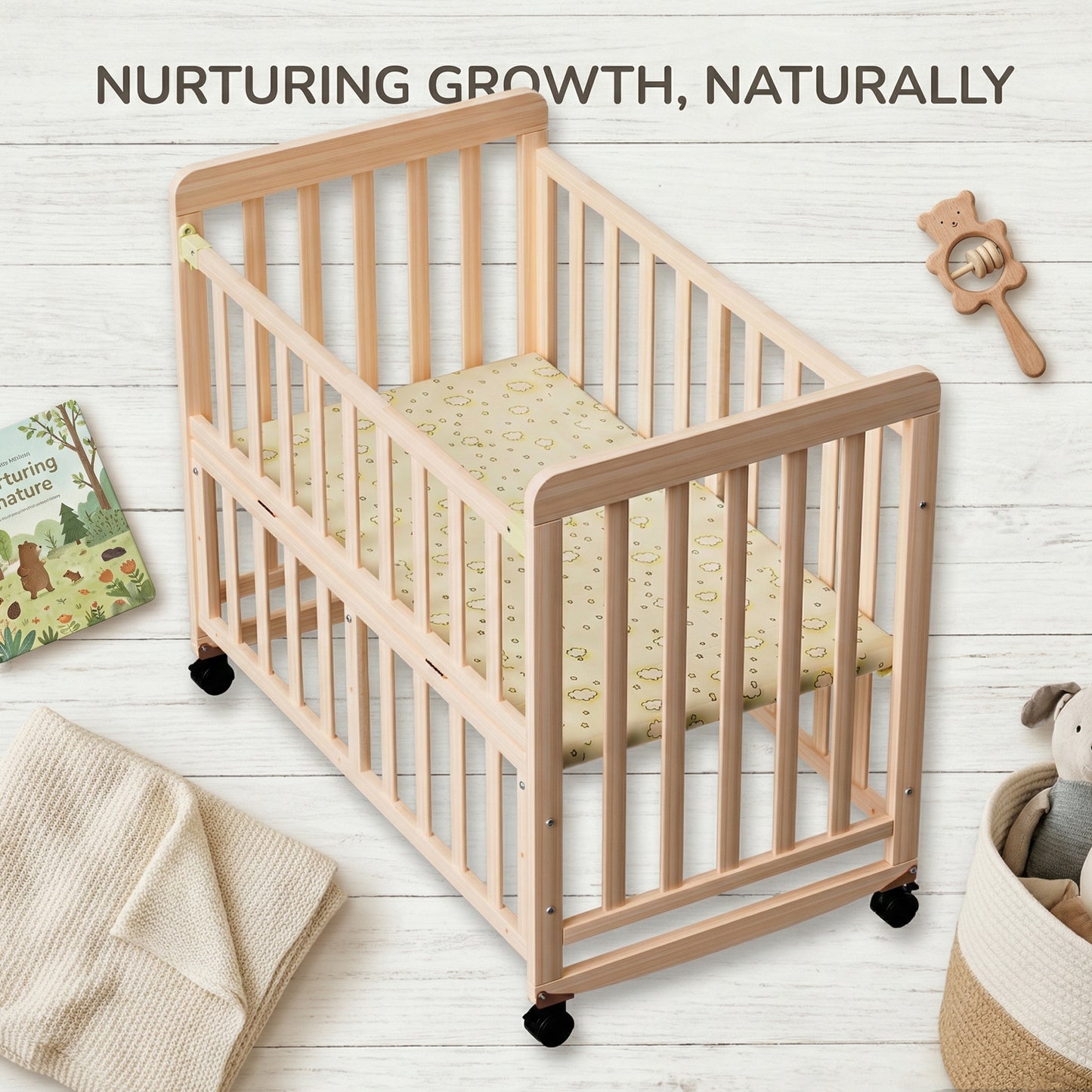 Wooden Baby Cot with Wheels