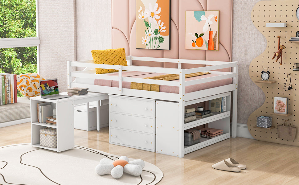 White Timber Loft Bed with Storage Desk