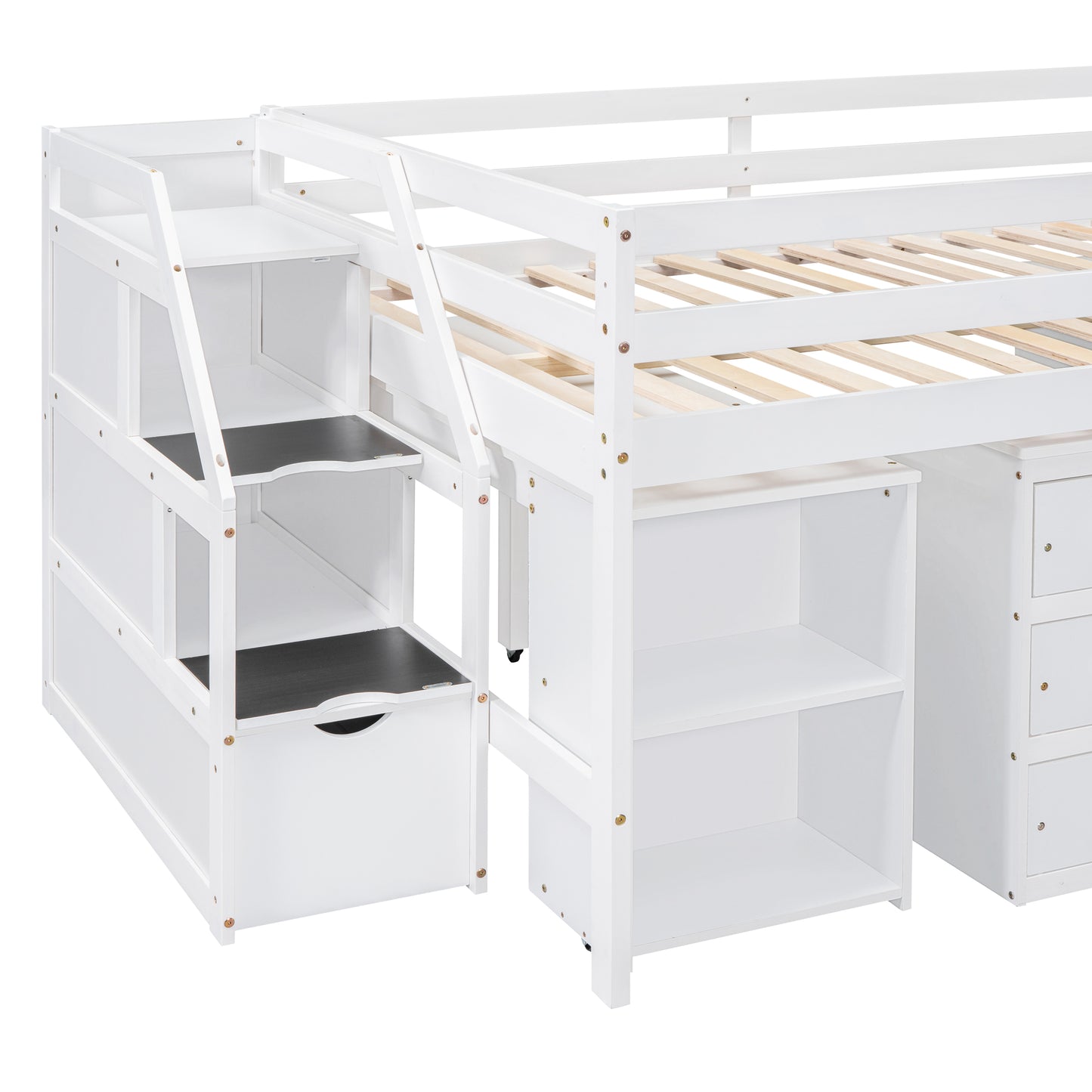 White Timber Loft Bed with Storage Desk