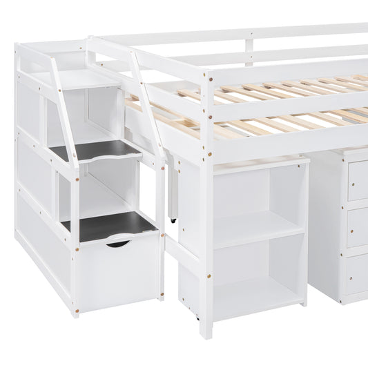 White Timber Loft Bed with Storage Desk