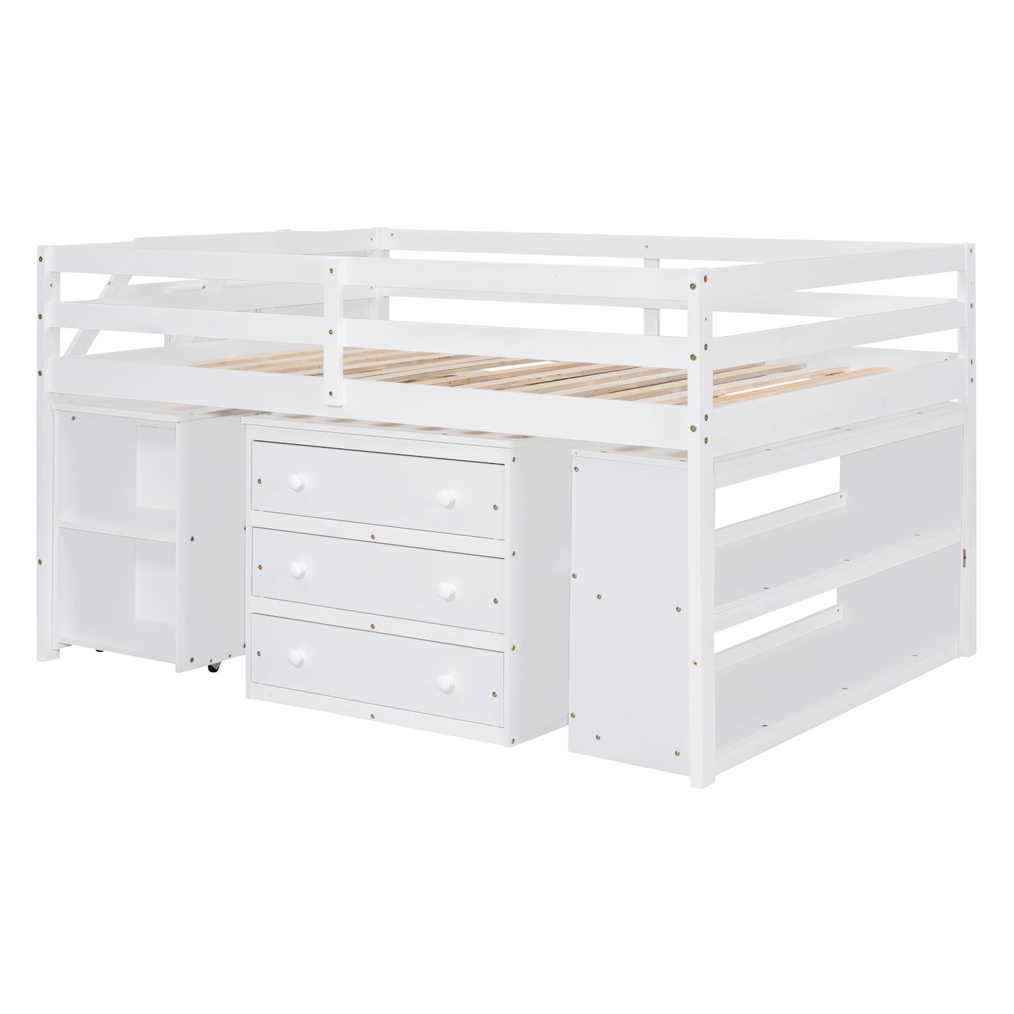 White Timber Loft Bed with Storage Desk