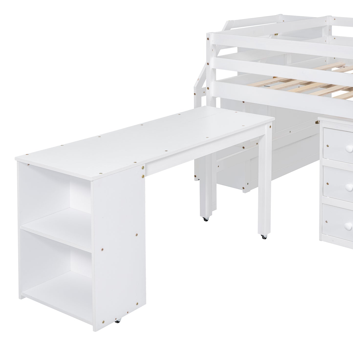 White Timber Loft Bed with Storage Desk