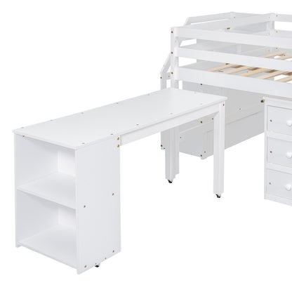 White Timber Loft Bed with Storage Desk