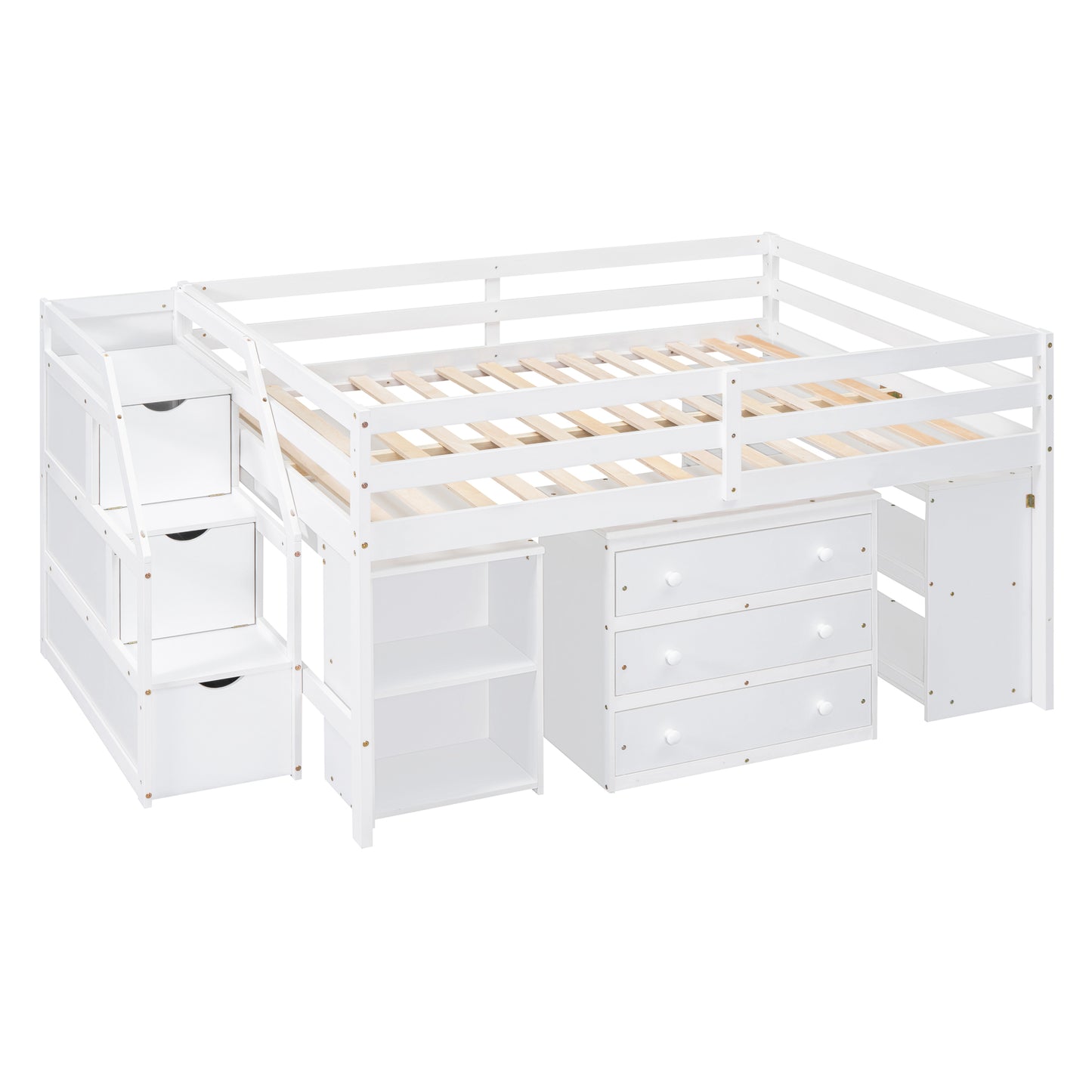 White Timber Loft Bed with Storage Desk