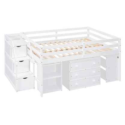 White Timber Loft Bed with Storage Desk