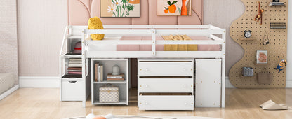 White Timber Loft Bed with Storage Desk