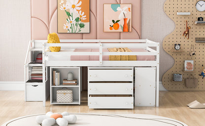 White Timber Loft Bed with Storage Desk