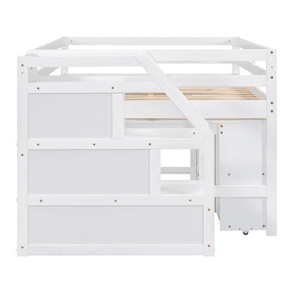 White Timber Loft Bed with Storage Desk