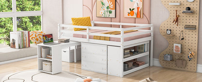 White Timber Loft Bed with Storage Desk