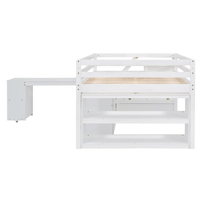 White Timber Loft Bed with Storage Desk