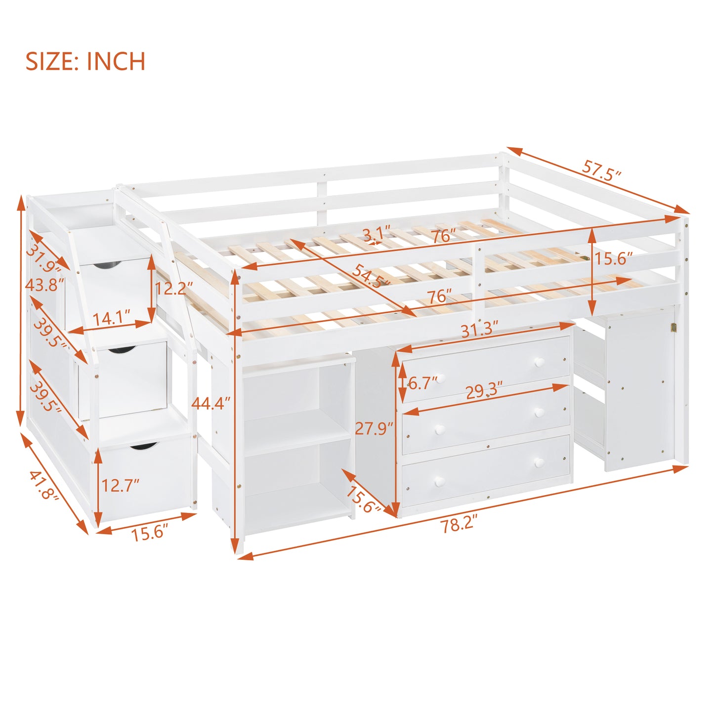 White Timber Loft Bed with Storage Desk