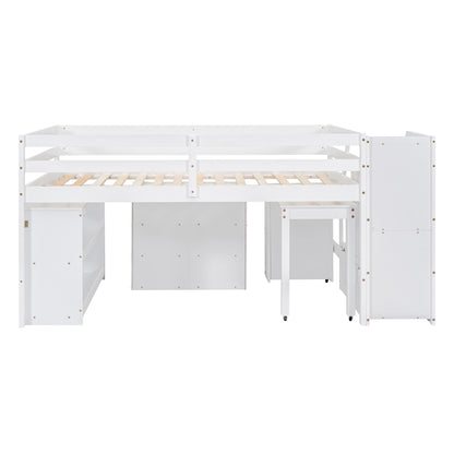 White Timber Loft Bed with Storage Desk