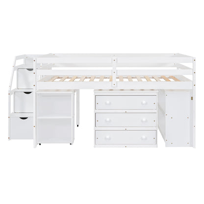 White Timber Loft Bed with Storage Desk
