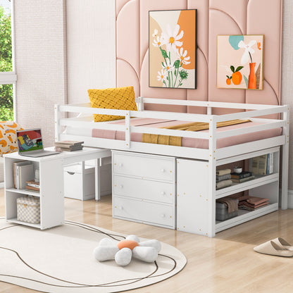 White Timber Loft Bed with Storage Desk
