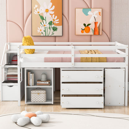 White Timber Loft Bed with Storage Desk