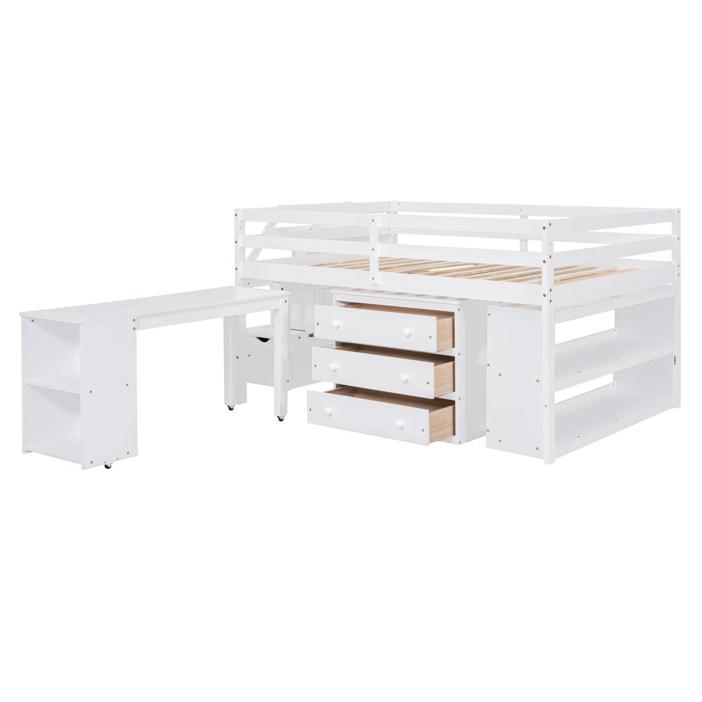 White Timber Loft Bed with Storage Desk