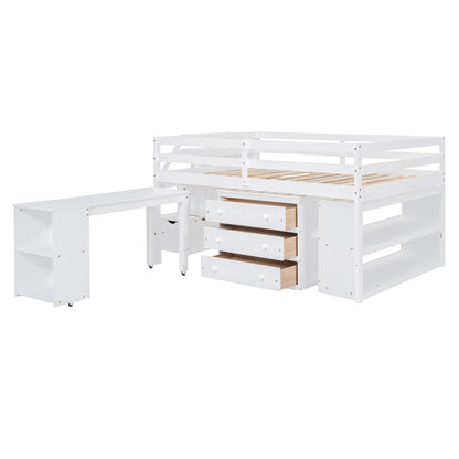 White Timber Loft Bed with Storage Desk