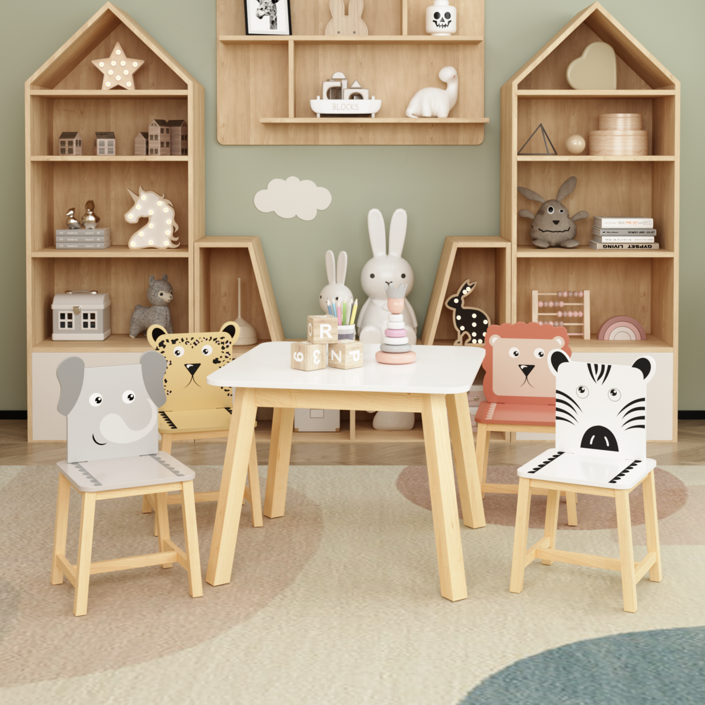 Kids Study Table and Animal Chair Set