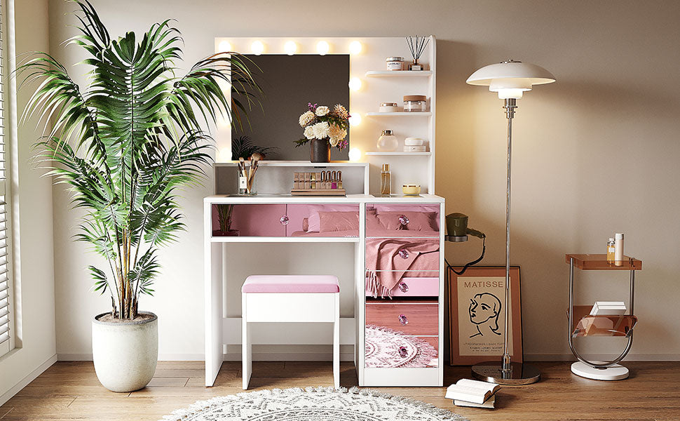 Pink Lighted Makeup Vanity Desk with Stool