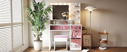 Pink Lighted Makeup Vanity Desk with Stool