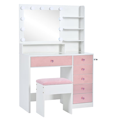 Pink Lighted Makeup Vanity Desk with Stool
