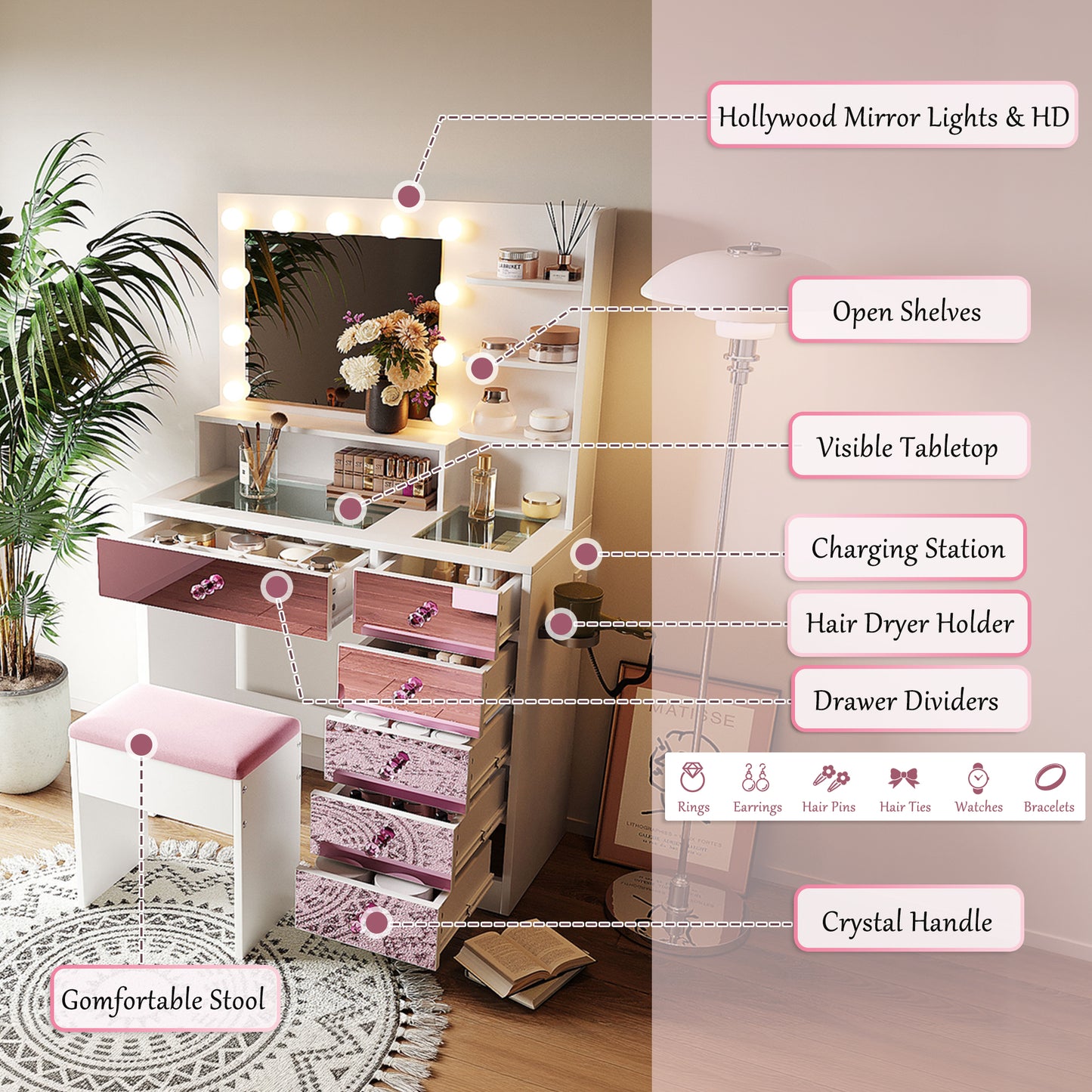 Pink Lighted Makeup Vanity Desk with Stool