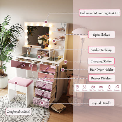 Pink Lighted Makeup Vanity Desk with Stool