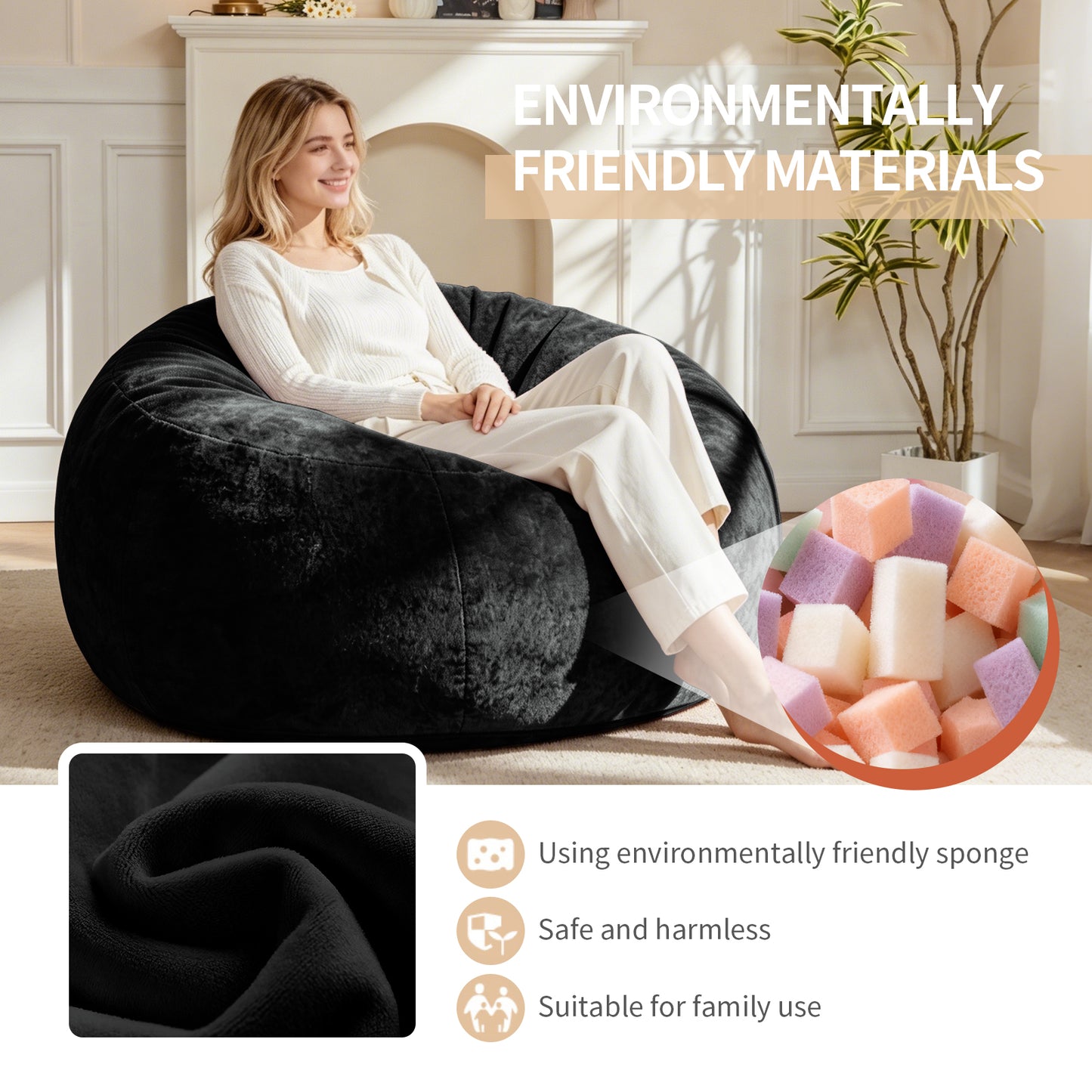 Large Round Black Bean Bag Chair