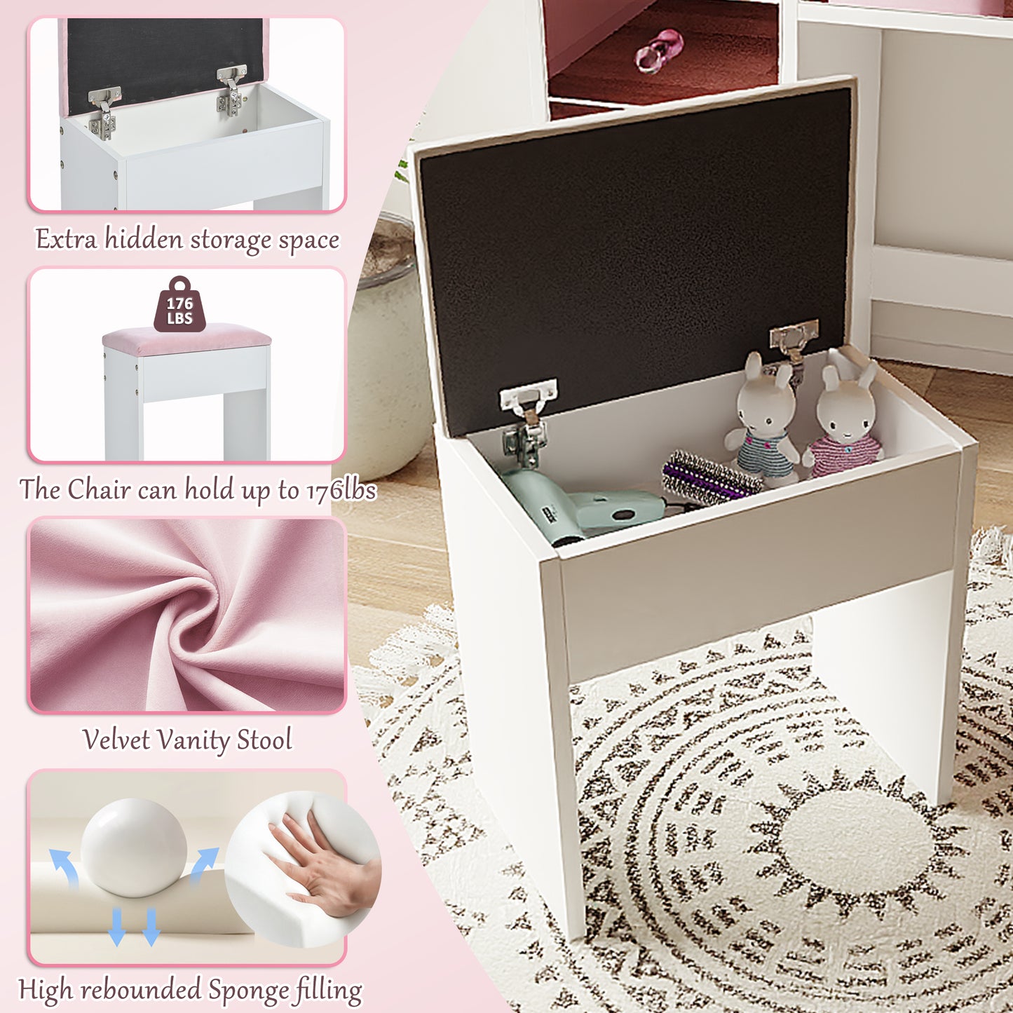 Pink Lighted Makeup Vanity Desk with Stool