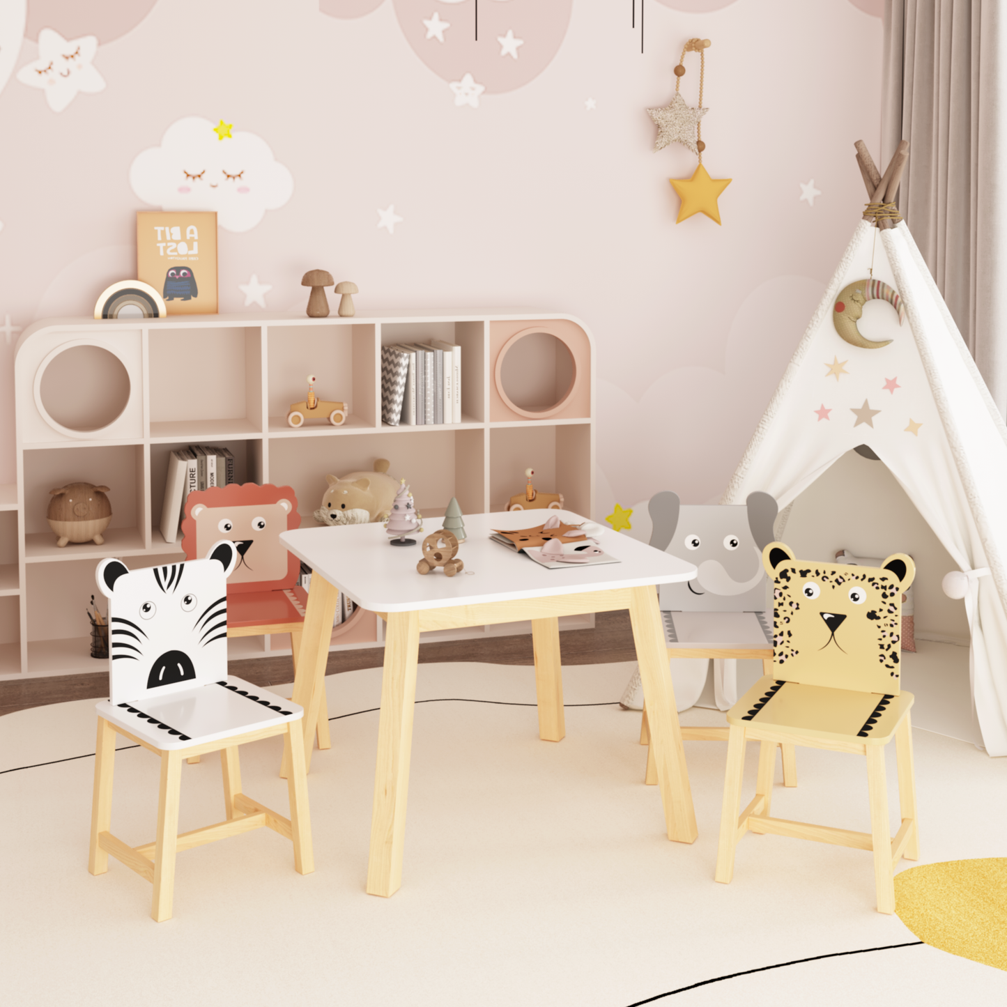 Kids Study Table and Animal Chair Set