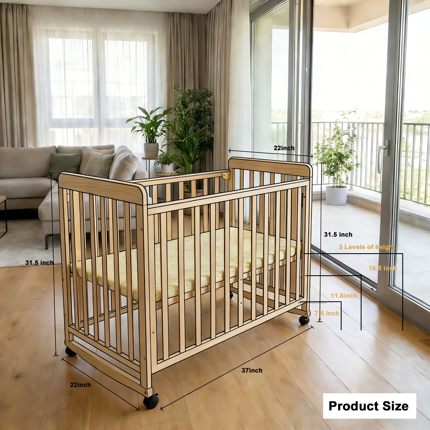 Wooden Baby Cot with Wheels