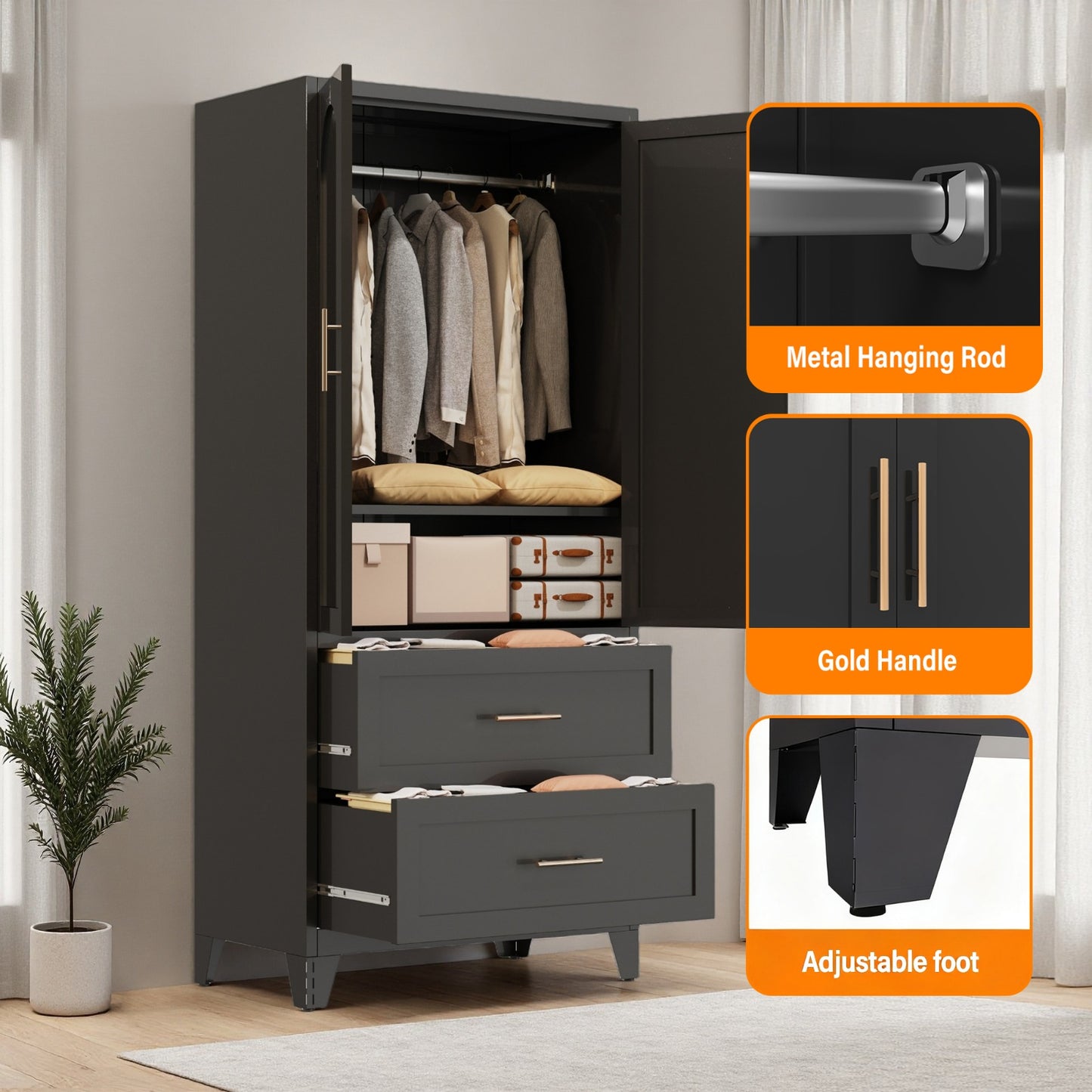 Charcoal 2-Door Wardrobe with Drawers