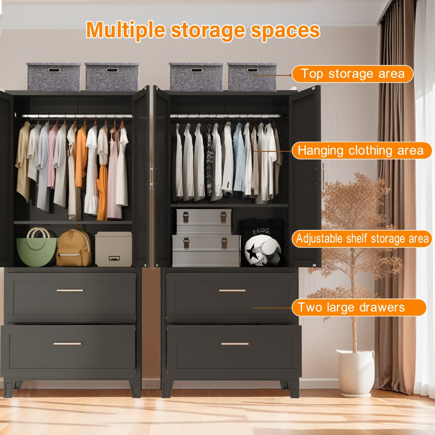 Charcoal 2-Door Wardrobe with Drawers