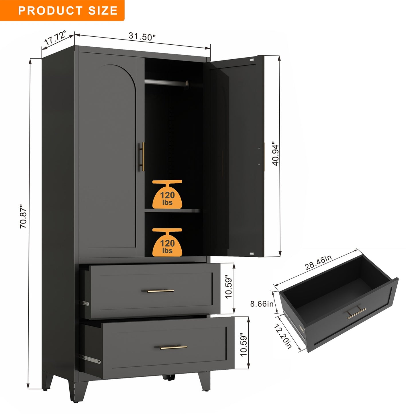 Charcoal 2-Door Wardrobe with Drawers