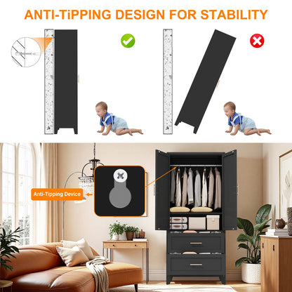 Charcoal 2-Door Wardrobe with Drawers