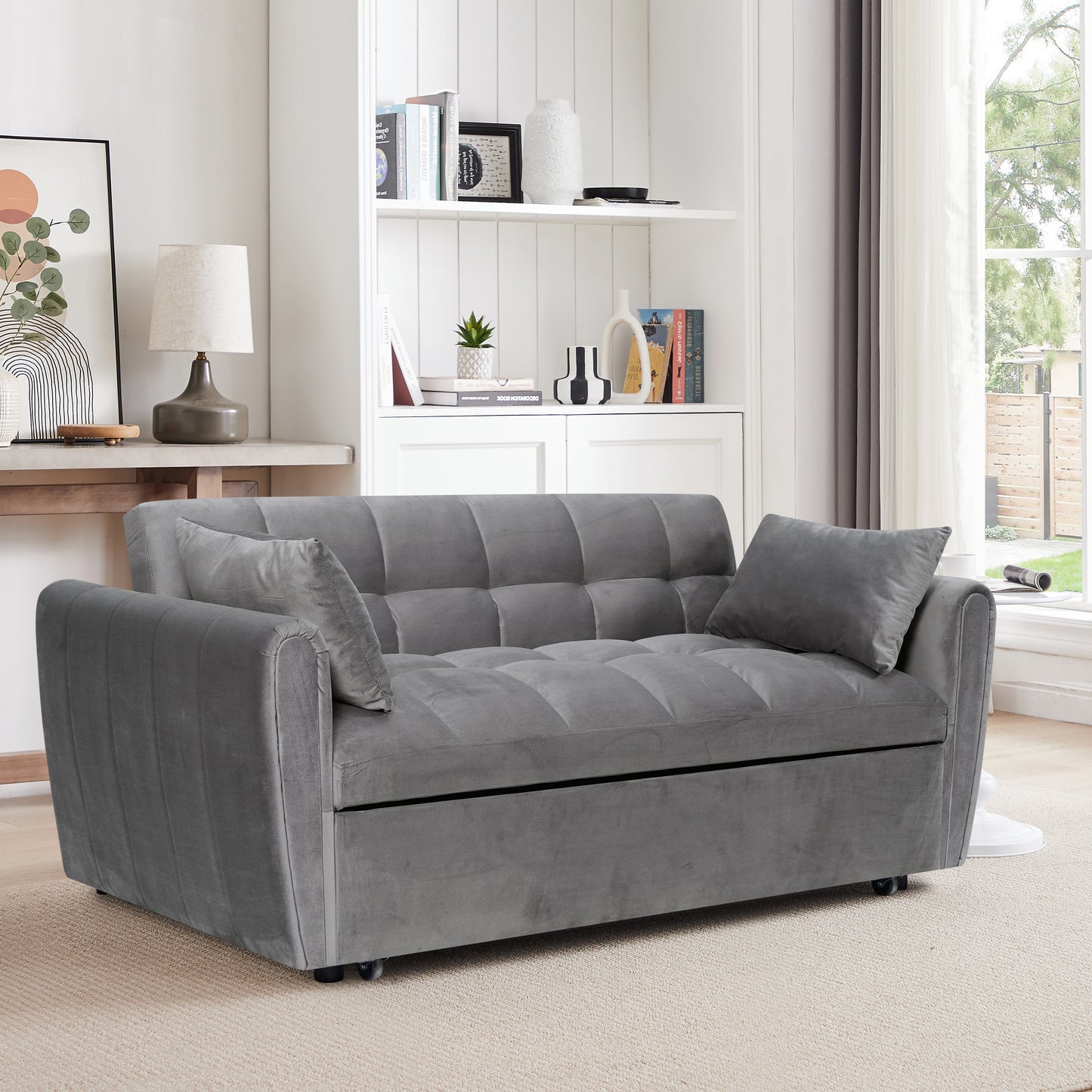 Grey Convertible Sofa Bed with Pull-Out Sleeper