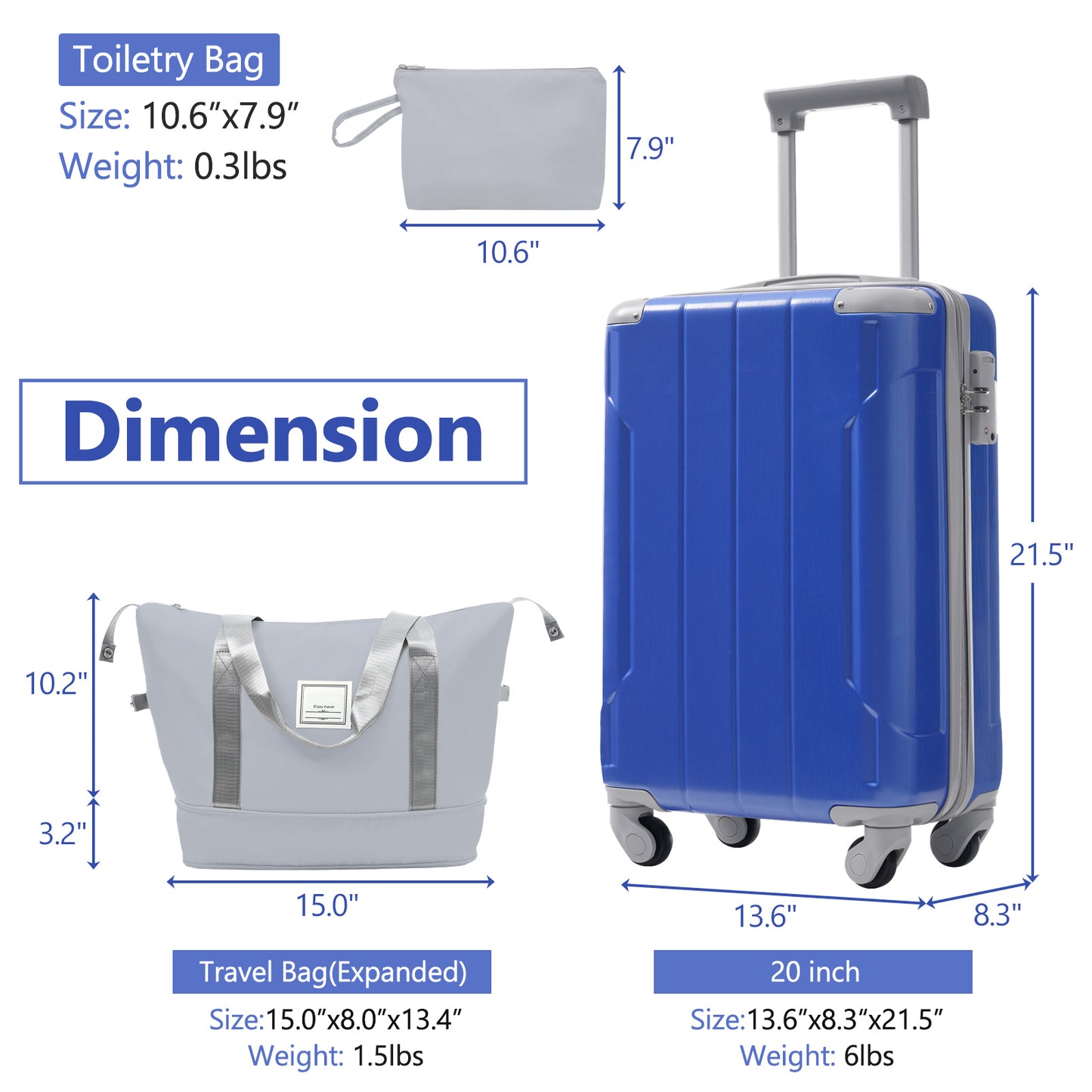 Blue Carry-On Luggage Set with Matching Travel Bag